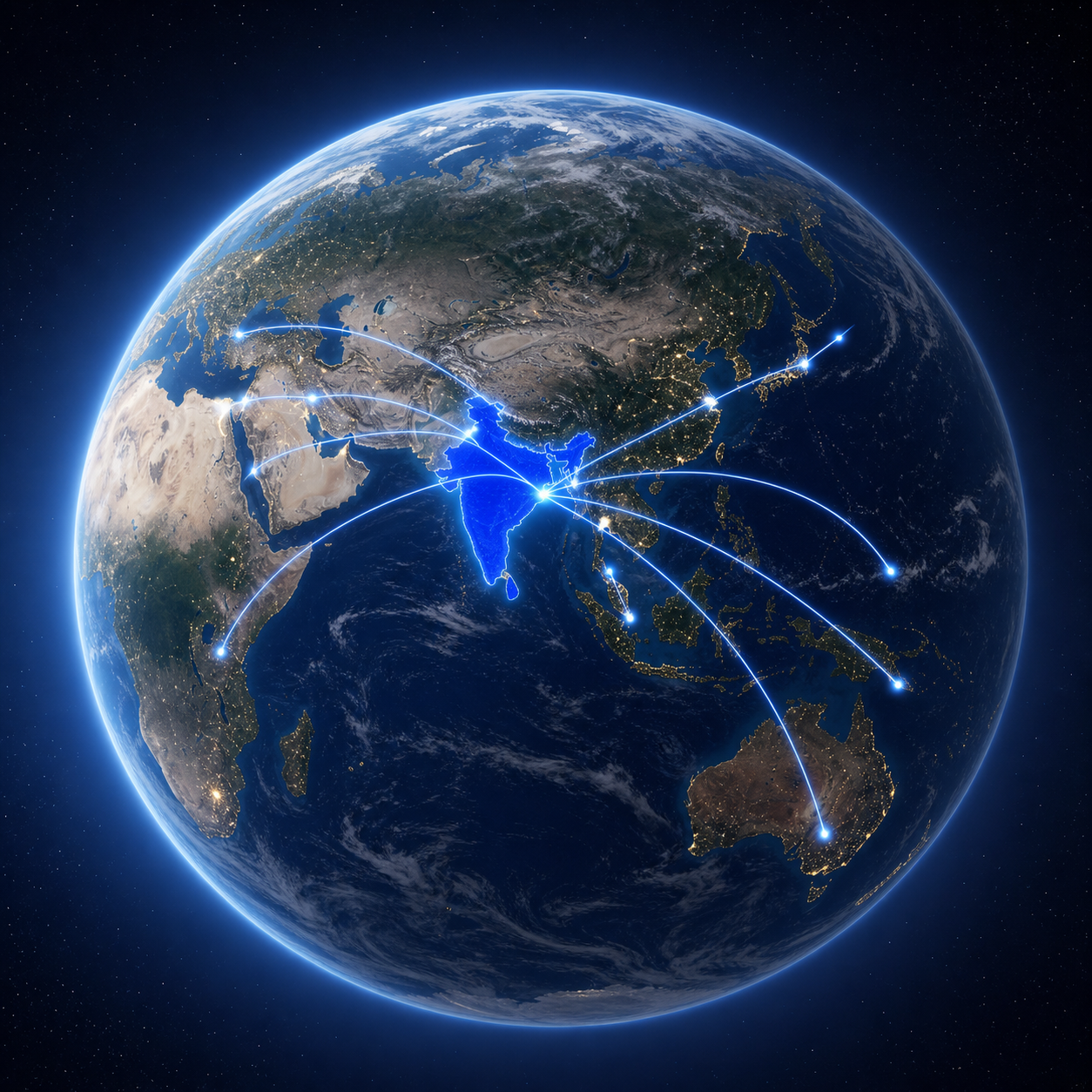 Globe centred on India with illuminated export routes across Europe, Africa, Asia and Australia