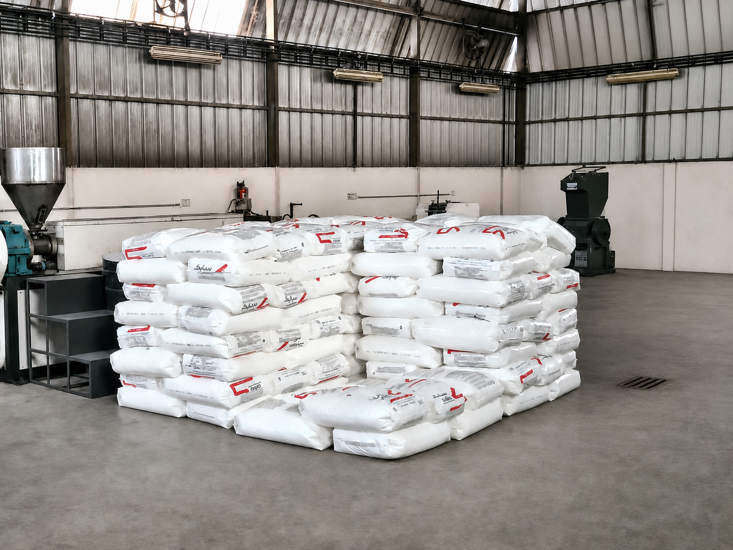 Stacks of finished product bags stored inside the Roto Polymers manufacturing facility.